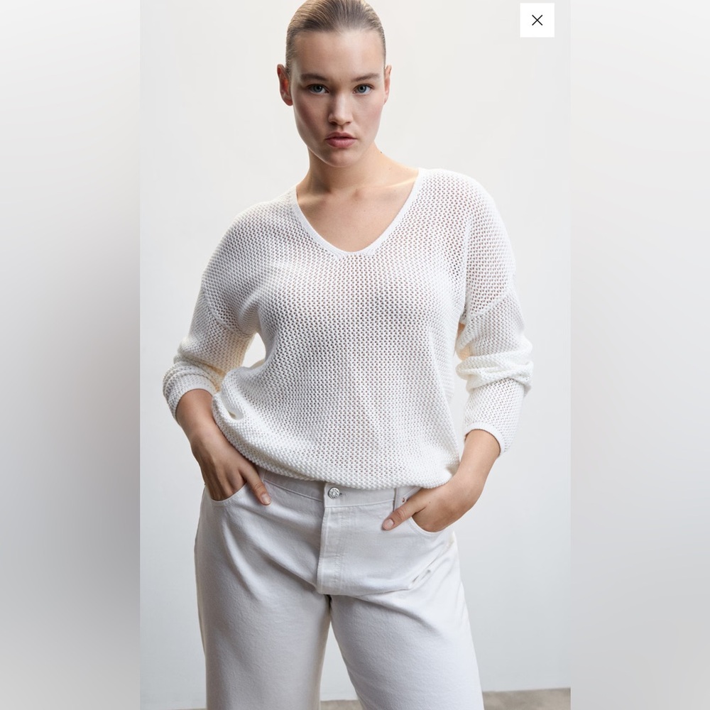 Mango White Knit V-Neck Sweater